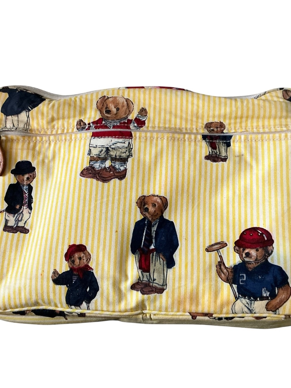 Vintage Ralph Lauren Polo Bear cosmetic travel bag yellow white pinstriped